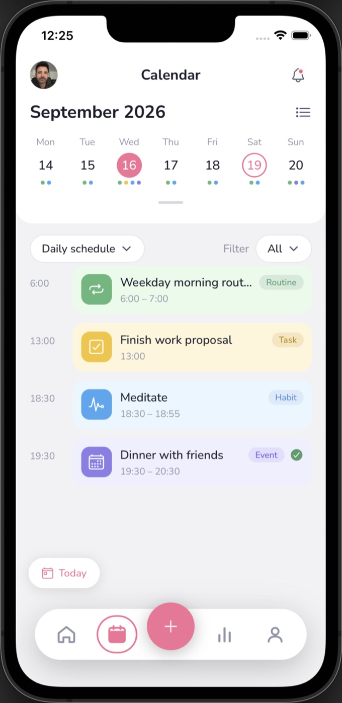 Nuri's unified calendar view, with tasks, routines, events and habits laid out together across the day.