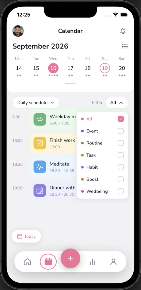 Nuri's filter menu open over the day view, with checkboxes for events, routines, tasks, habits, boosts and wellbeing entries.