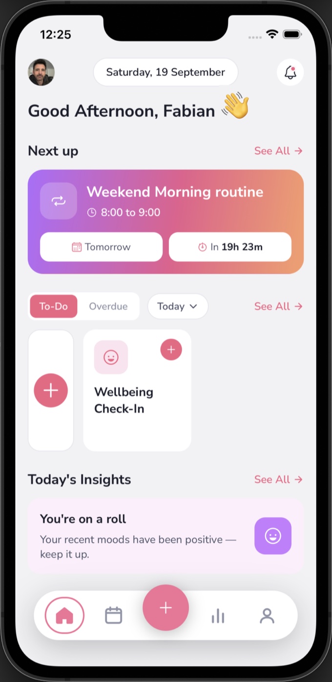 The Nuri home screen: a morning greeting, the day's upcoming schedule, quick to-do cards and a focus insight.