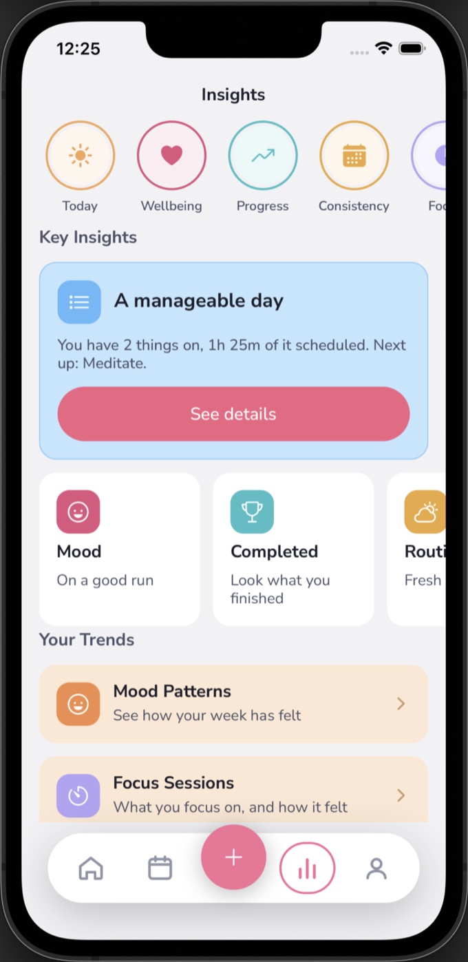 Nuri's insights screen, showing mood detection, peak focus times and personalised articles.