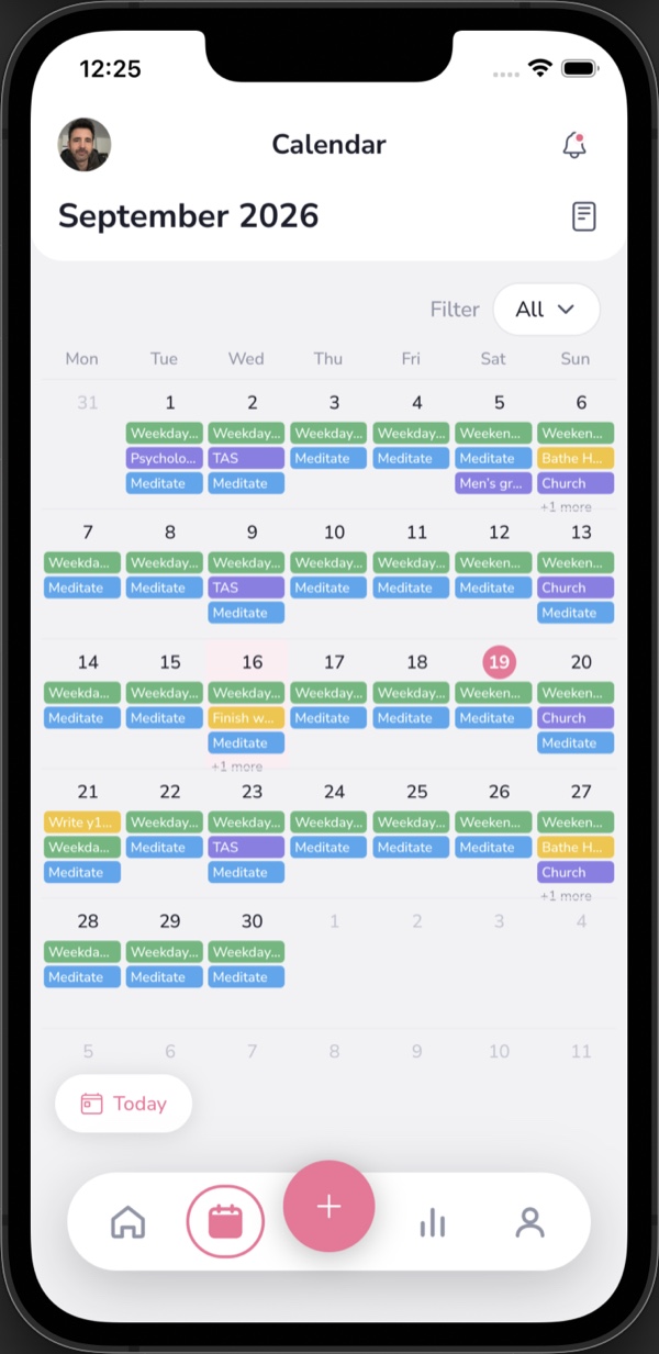 Nuri's month grid, each day showing its tasks, routines, events and habits as coloured chips.